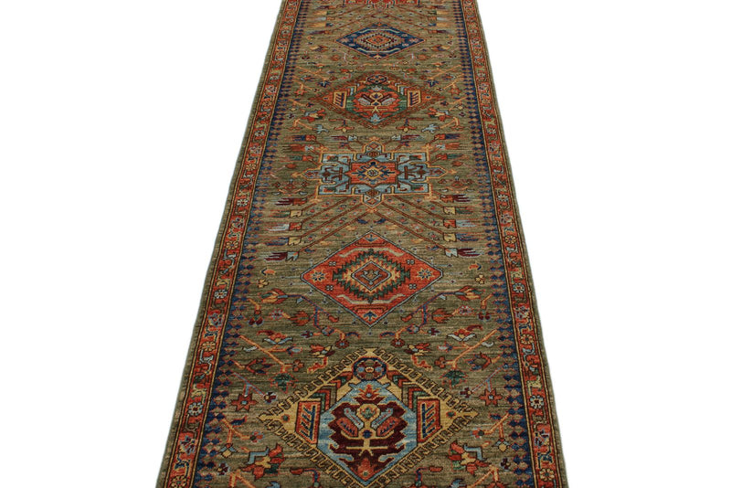 3x10 Green and Multicolor Anatolian Traditional Runner