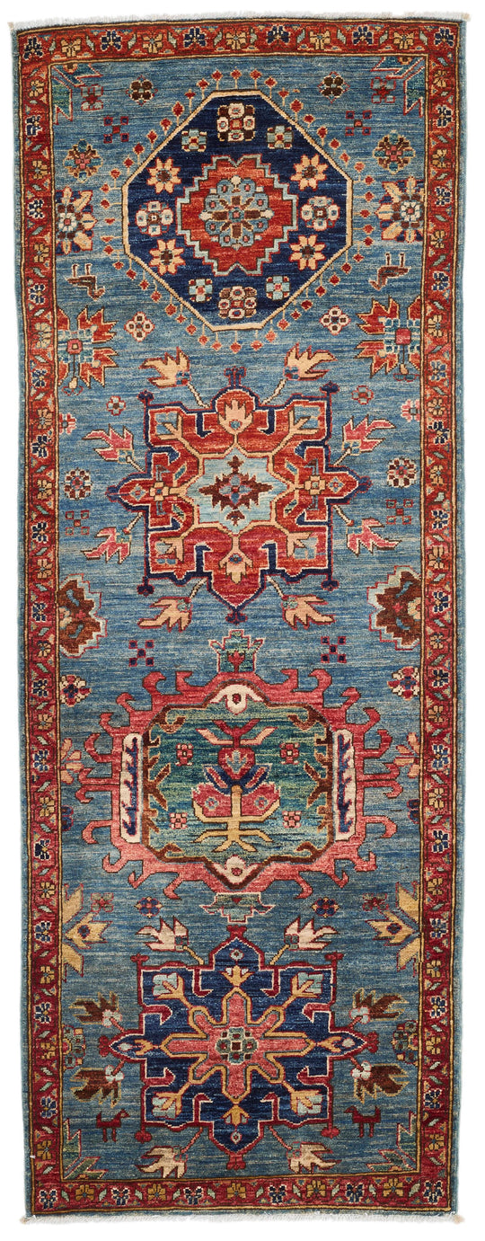 3x7 Light Blue and Rust Anatolian Traditional Runner