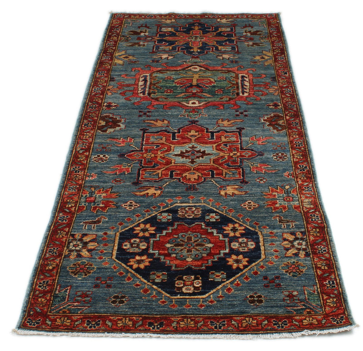 3x7 Light Blue and Rust Anatolian Traditional Runner