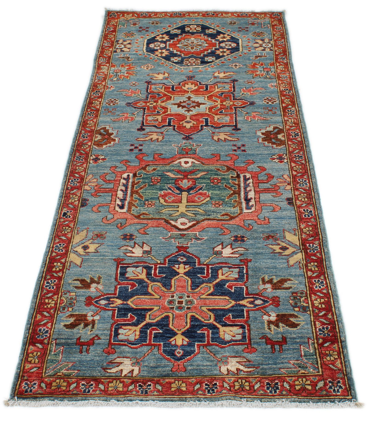 3x7 Light Blue and Rust Anatolian Traditional Runner