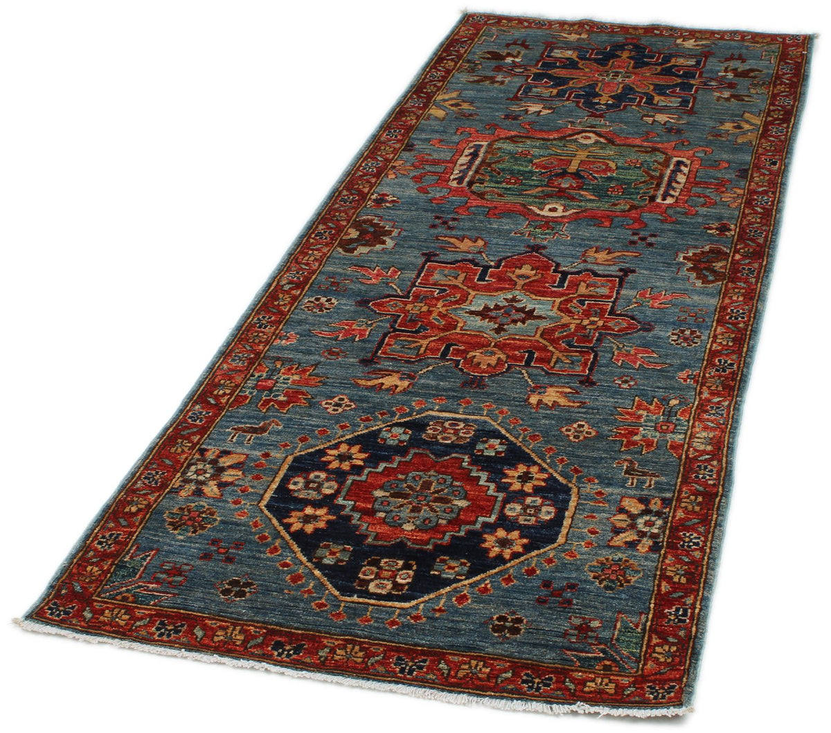 3x7 Light Blue and Rust Anatolian Traditional Runner