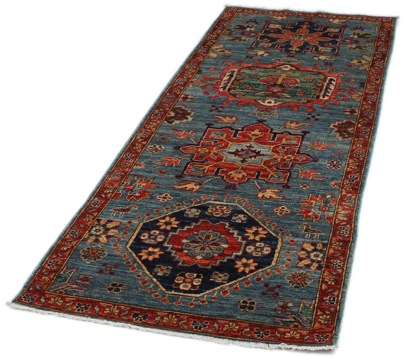 3x7 Light Blue and Rust Anatolian Traditional Runner