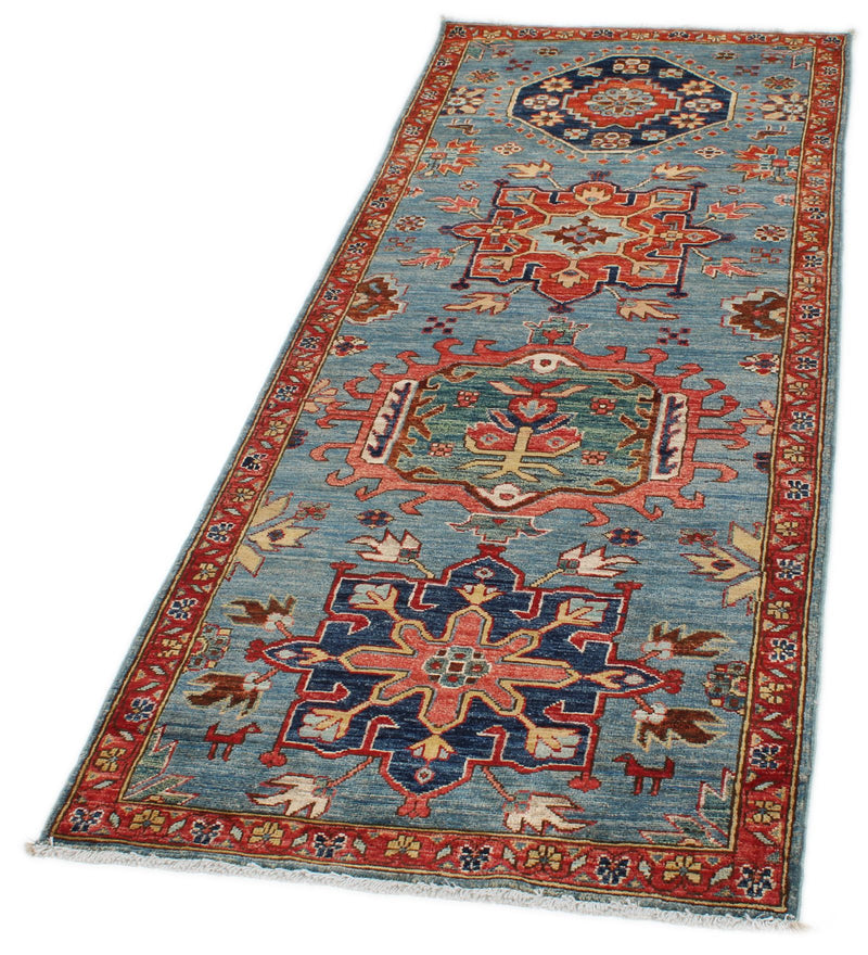 3x7 Light Blue and Rust Anatolian Traditional Runner