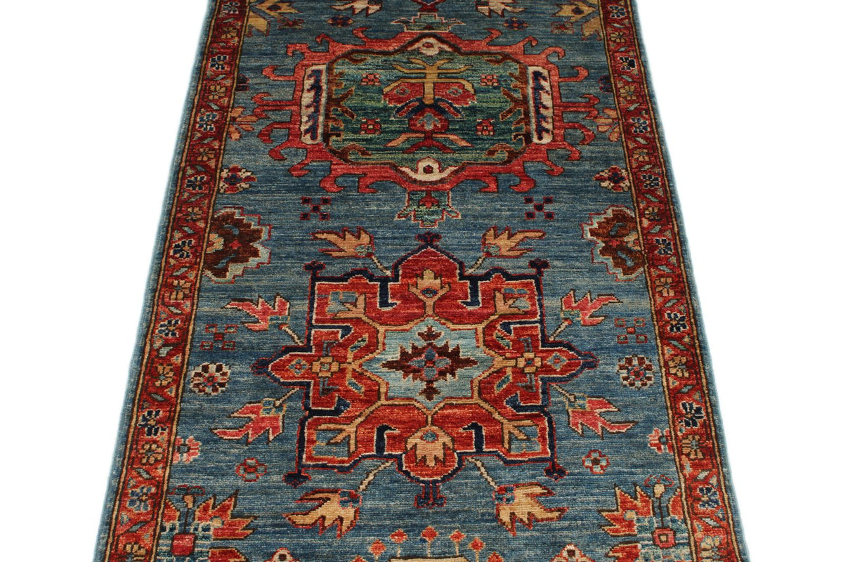 3x7 Light Blue and Rust Anatolian Traditional Runner
