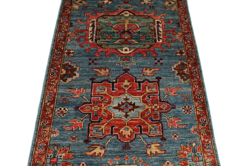 3x7 Light Blue and Rust Anatolian Traditional Runner
