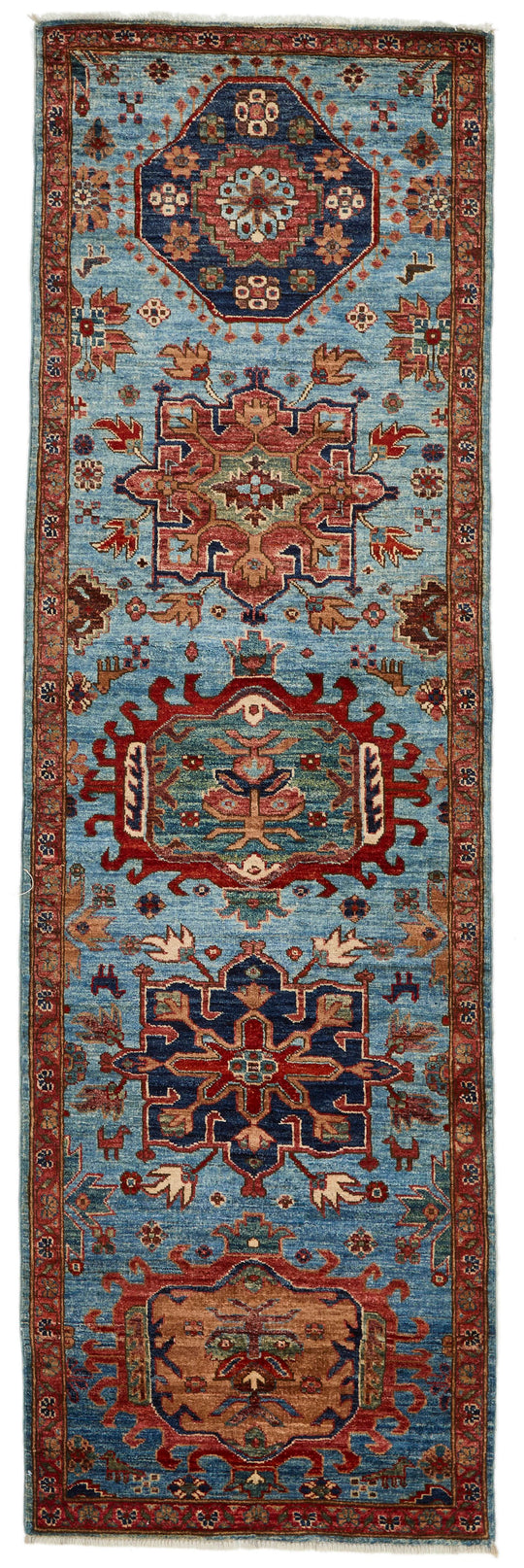 3x10 Light Blue and Rust Anatolian Traditional Runner