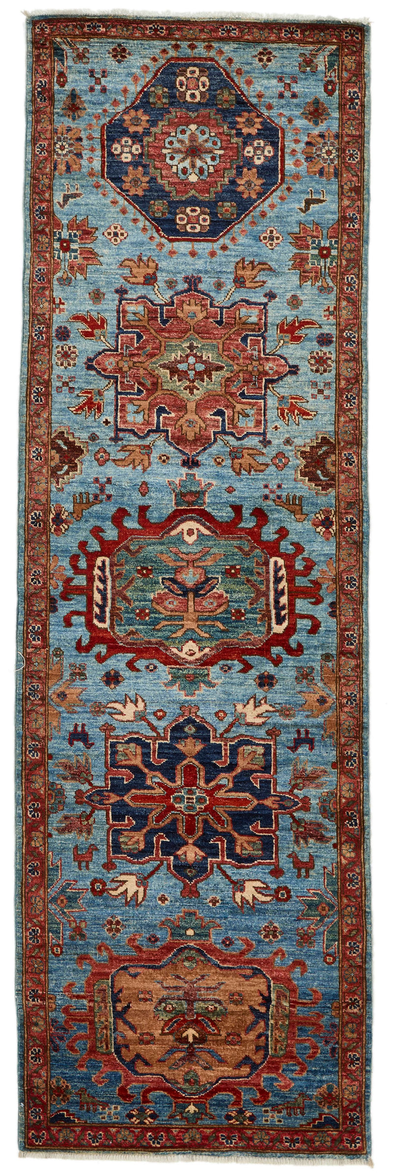 3x10 Light Blue and Rust Anatolian Traditional Runner