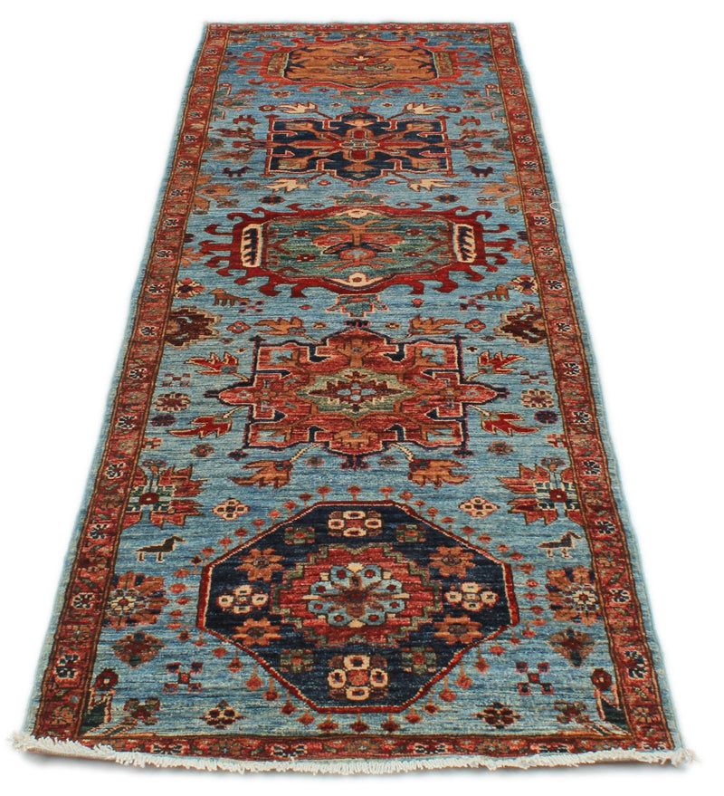 3x10 Light Blue and Rust Anatolian Traditional Runner