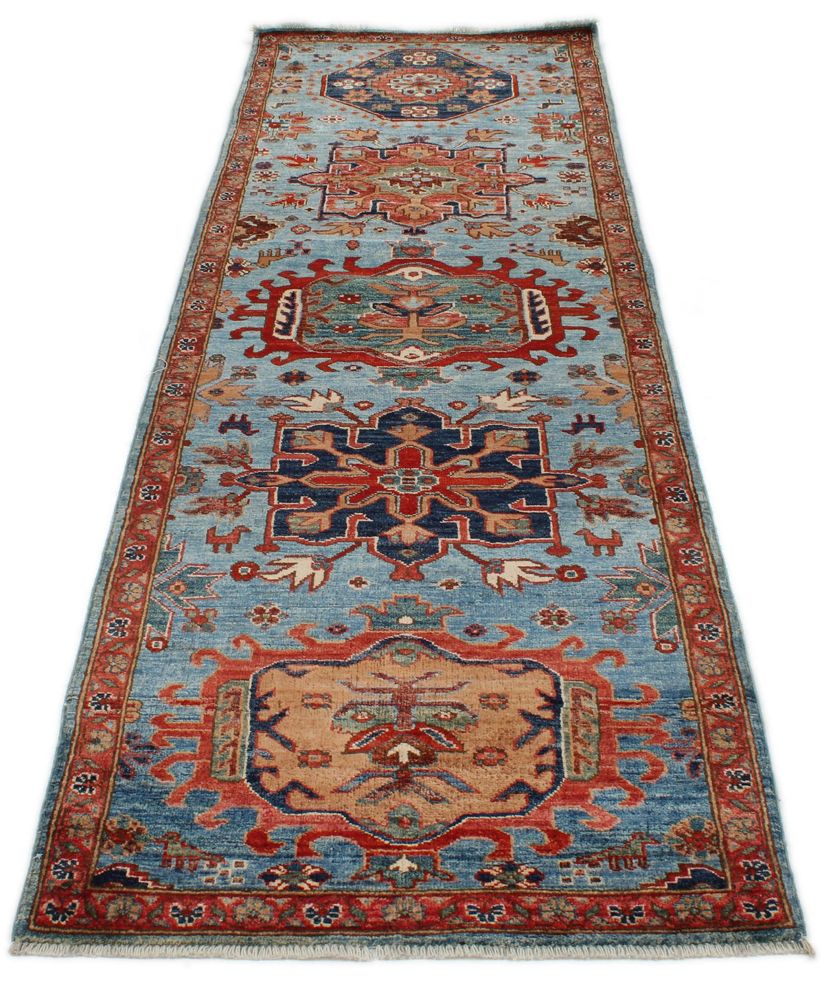 3x10 Light Blue and Rust Anatolian Traditional Runner