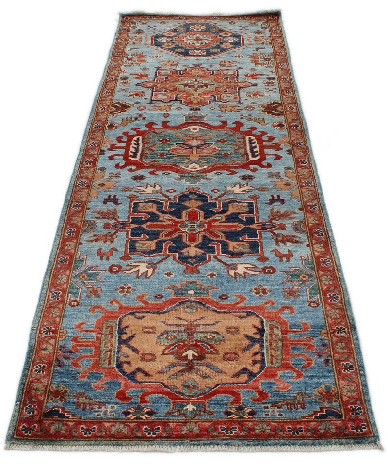 3x10 Light Blue and Rust Anatolian Traditional Runner
