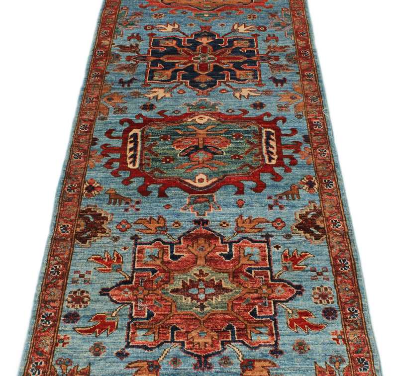 3x10 Light Blue and Rust Anatolian Traditional Runner