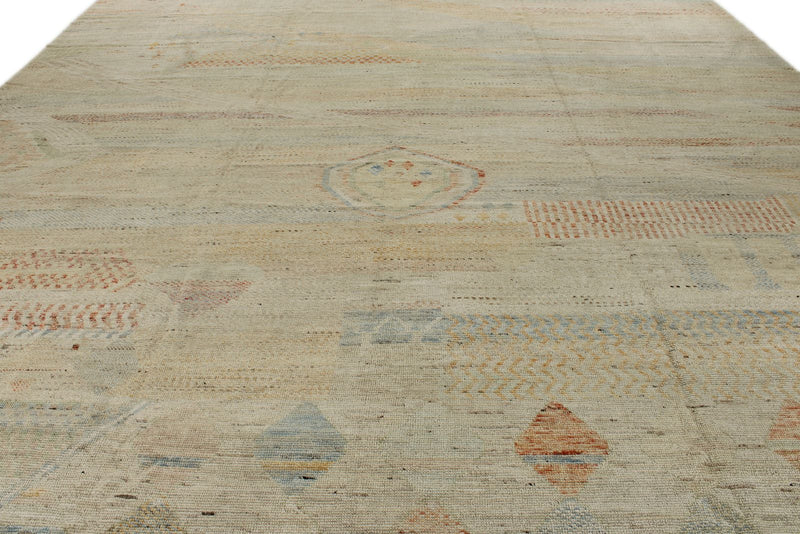 14x19 Ivory and Multicolor Turkish Tribal Rug