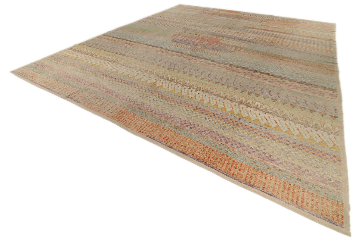 14x16 Ivory and Multicolor Turkish Tribal Rug