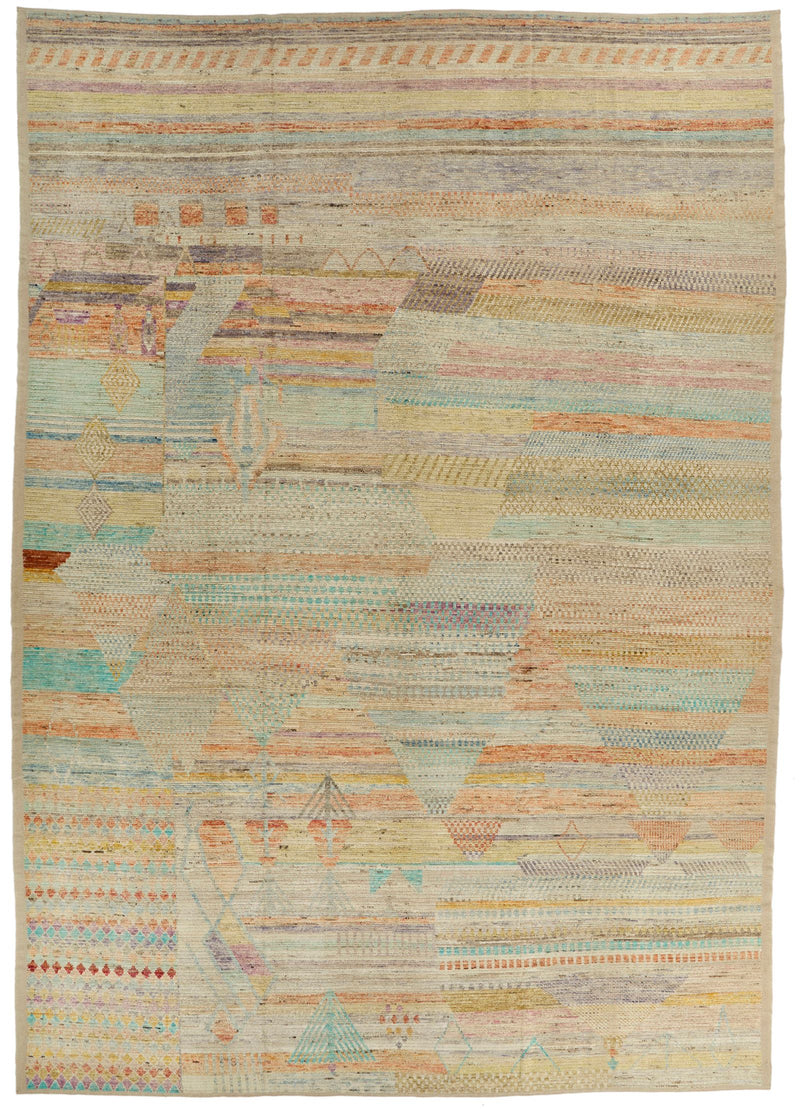 14x19 Ivory and Multicolor Turkish Tribal Rug