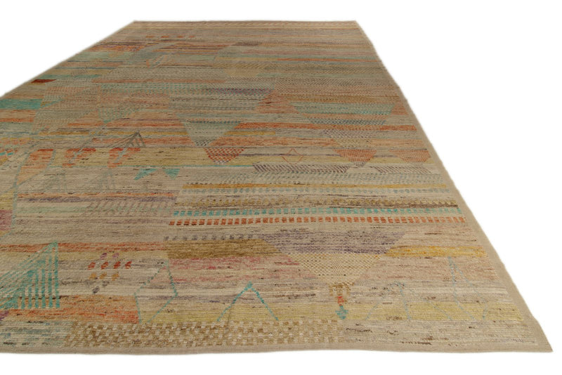 14x19 Ivory and Multicolor Turkish Tribal Rug