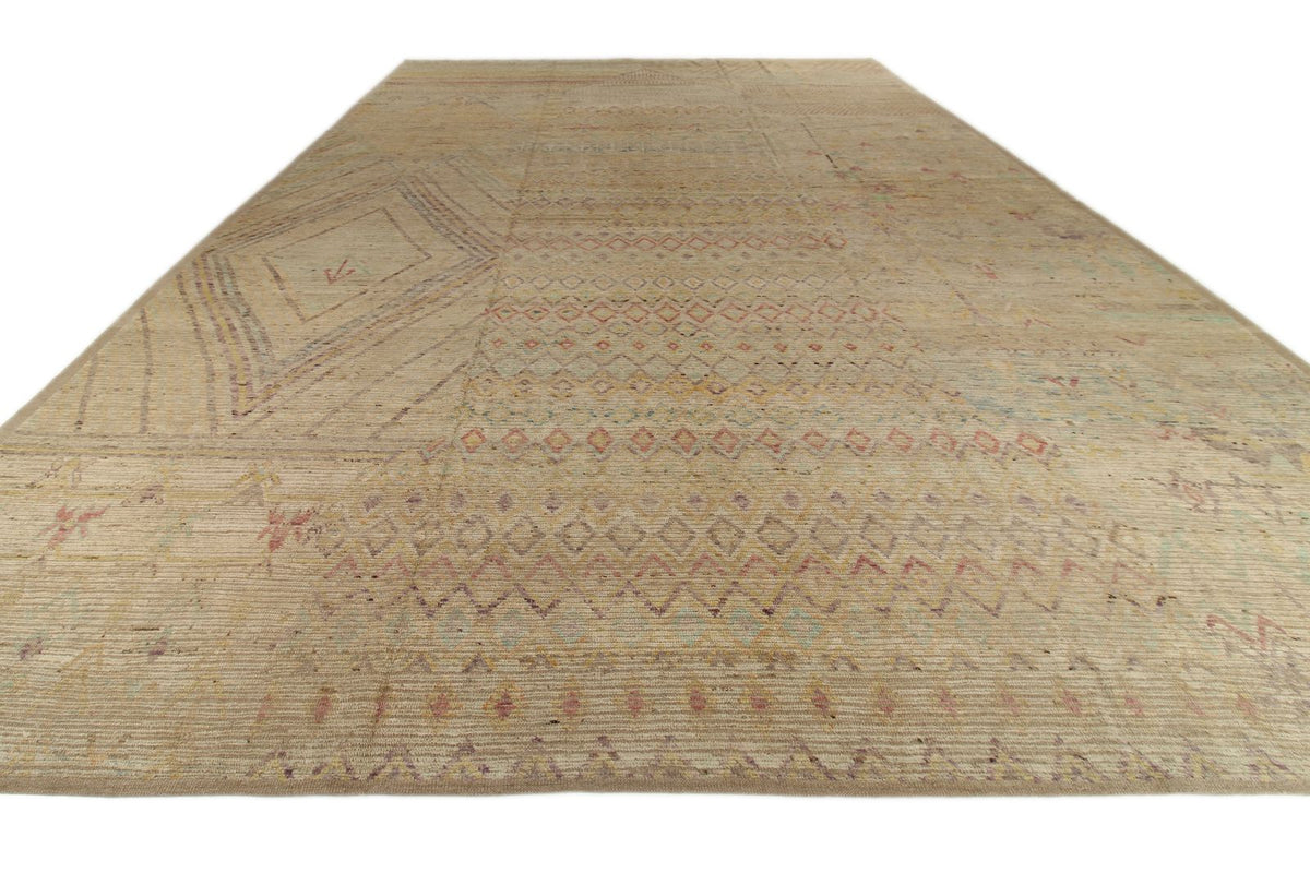 13x19 Ivory and Multicolor Turkish Tribal Rug
