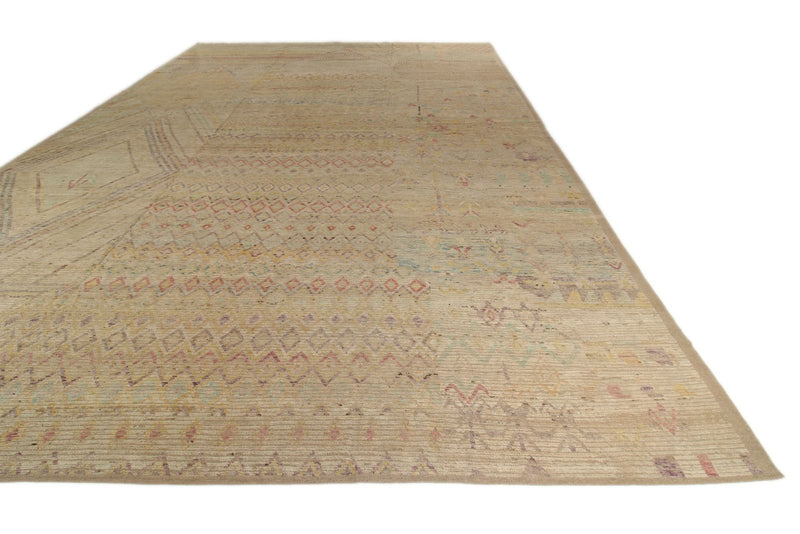 13x19 Ivory and Multicolor Turkish Tribal Rug