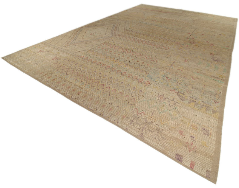 13x19 Ivory and Multicolor Turkish Tribal Rug