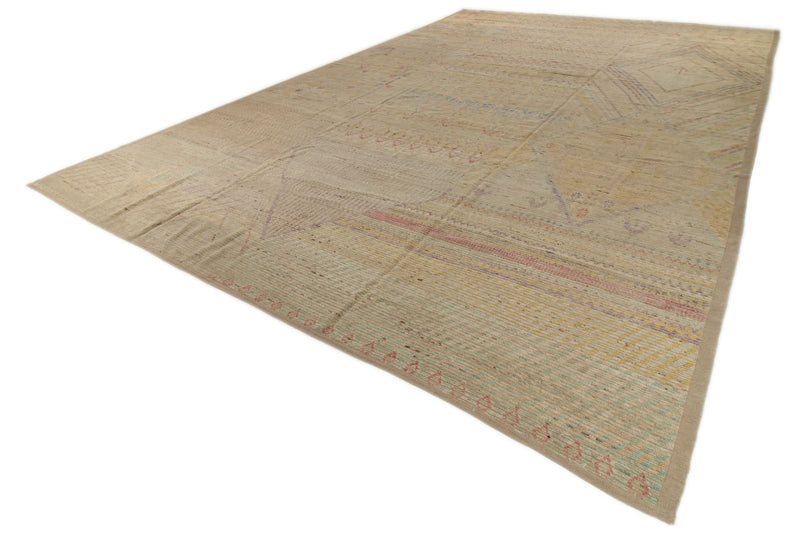 13x19 Ivory and Multicolor Turkish Tribal Rug