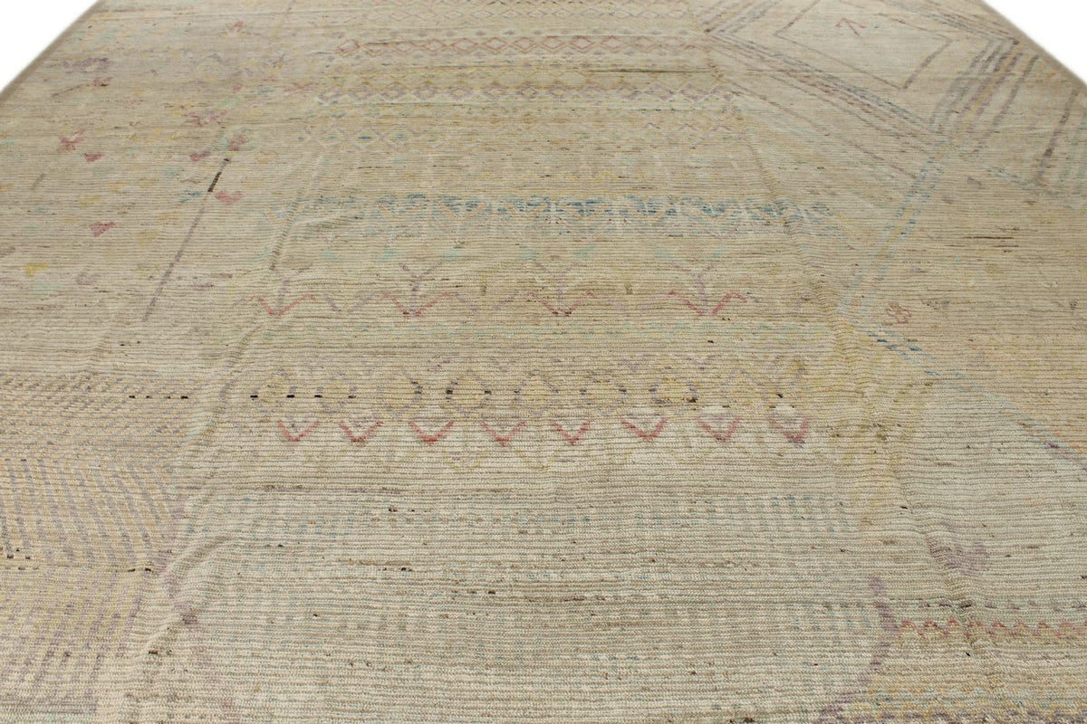 13x19 Ivory and Multicolor Turkish Tribal Rug