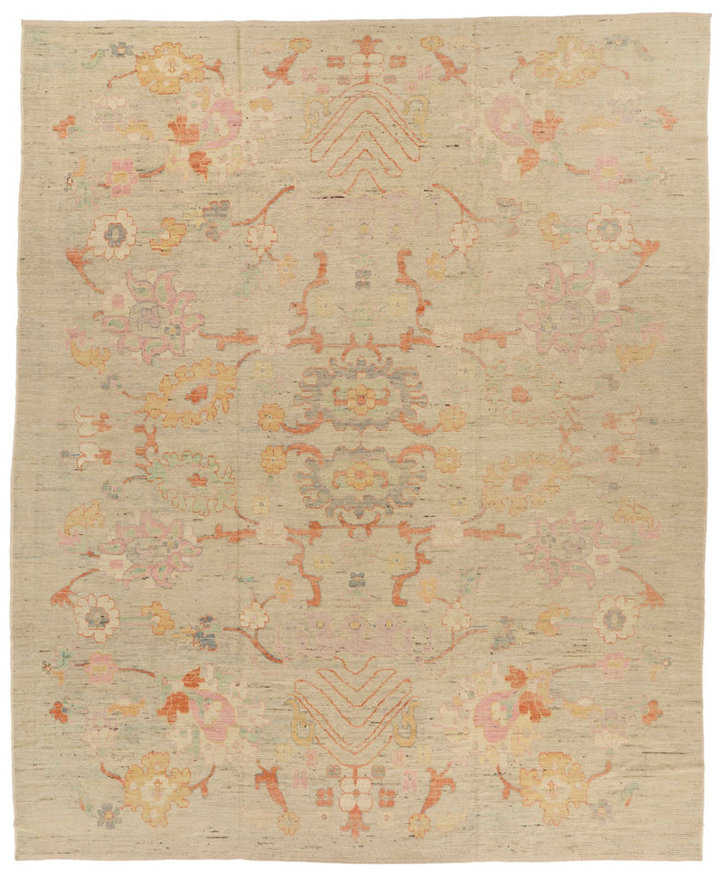 12x15 Ivory and Multicolor Turkish Oushak Rug