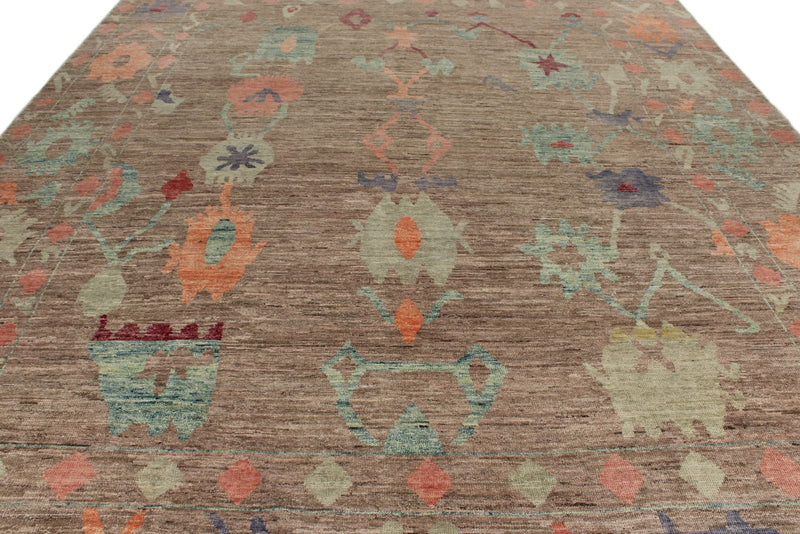 11x14 Brown and Multicolor Turkish Oushak Rug