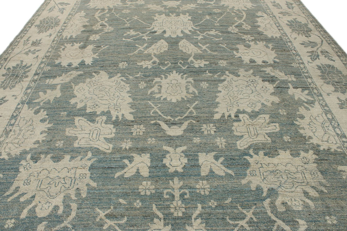 10x14 Blue and Ivory Turkish Oushak Rug