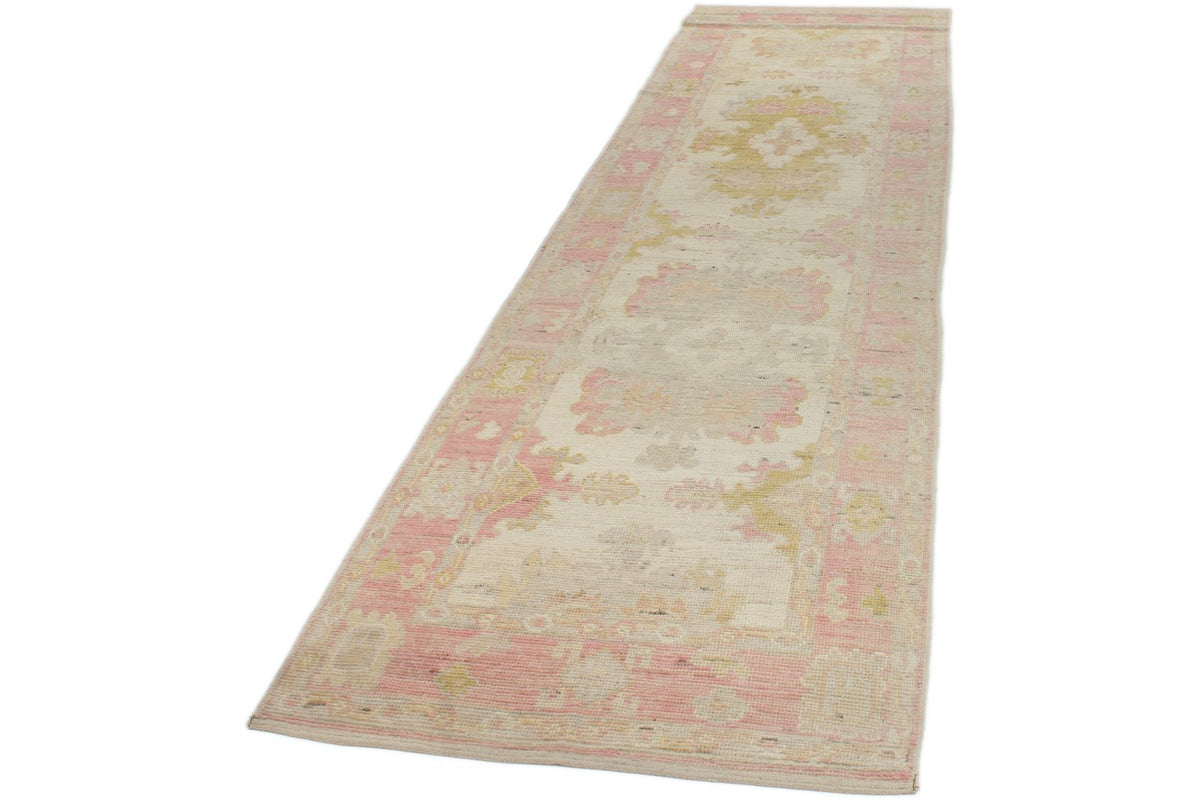 3x12 Ivory and Pink Turkish Oushak Runner