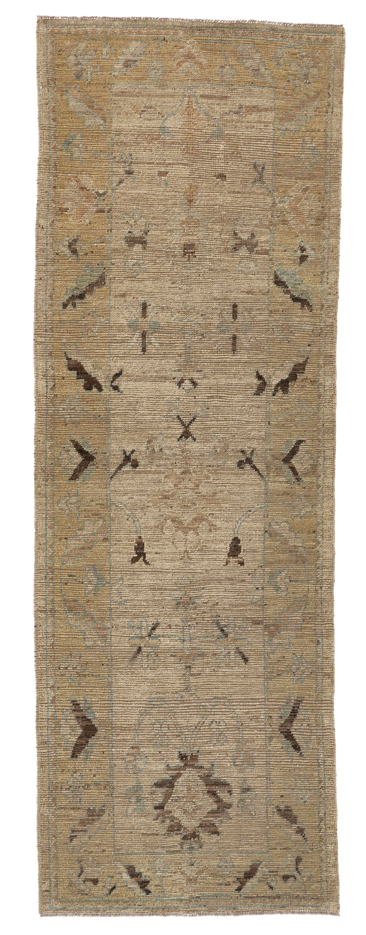 3x10 Ivory and Light Brown Turkish Oushak Runner