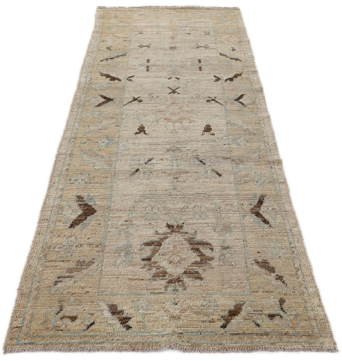 3x10 Ivory and Light Brown Turkish Oushak Runner