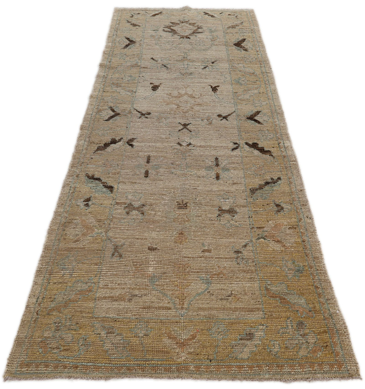 3x10 Ivory and Light Brown Turkish Oushak Runner