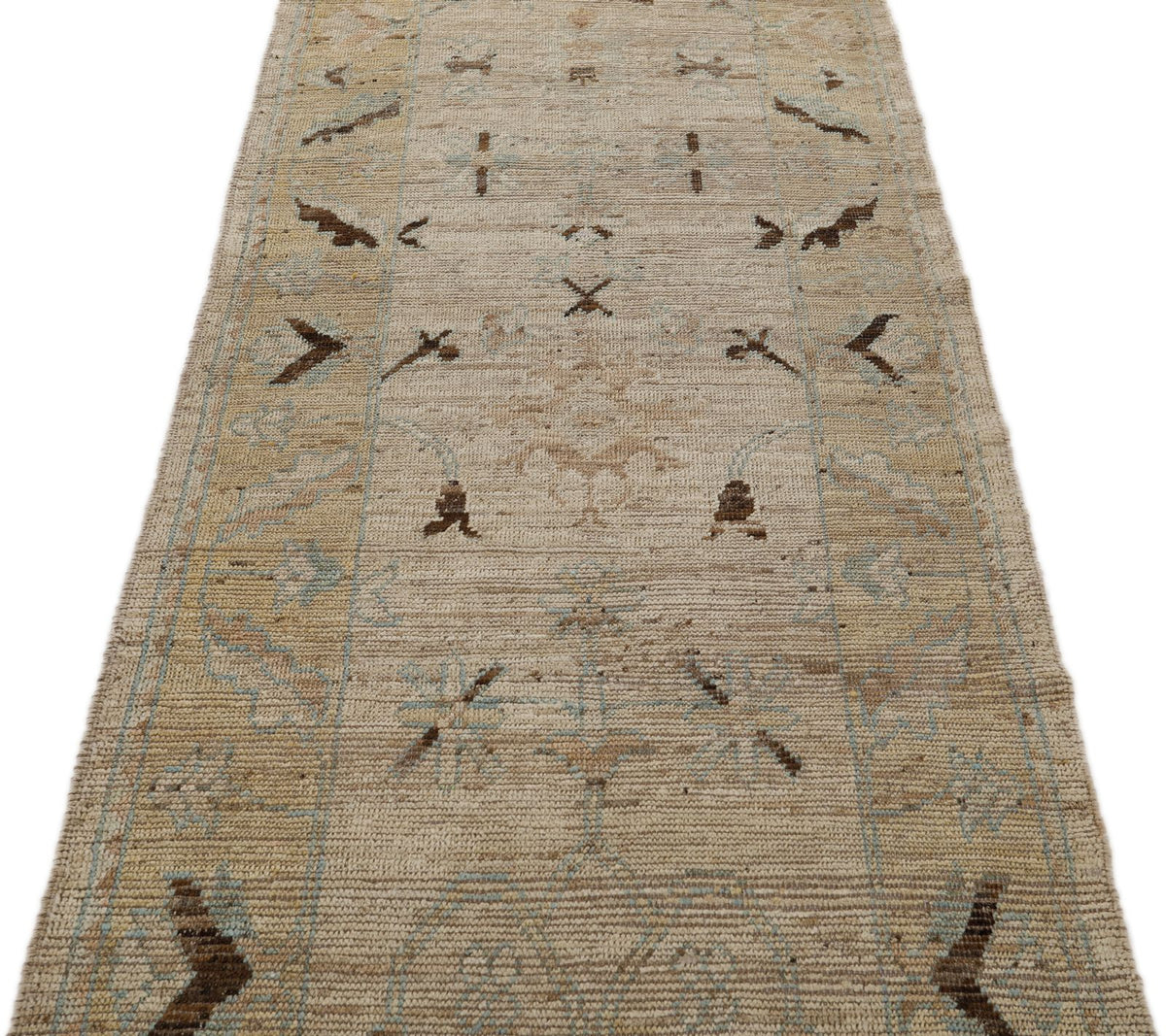 3x10 Ivory and Light Brown Turkish Oushak Runner