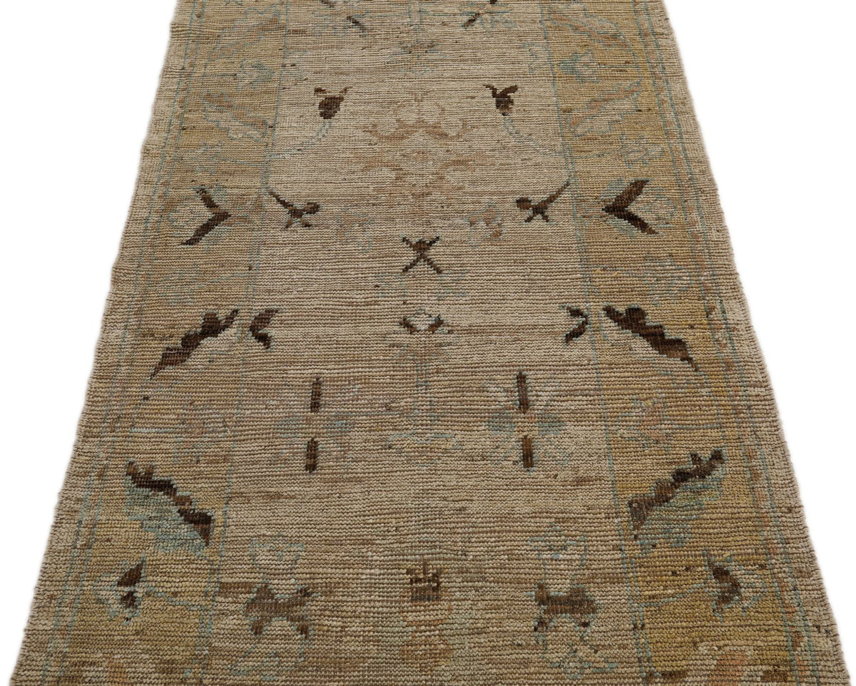 3x10 Ivory and Light Brown Turkish Oushak Runner