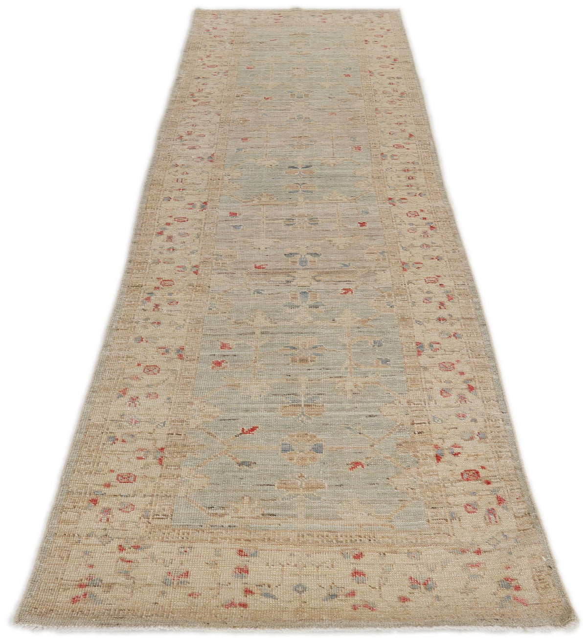 3x10 Light Blue and Ivory Turkish Oushak Runner