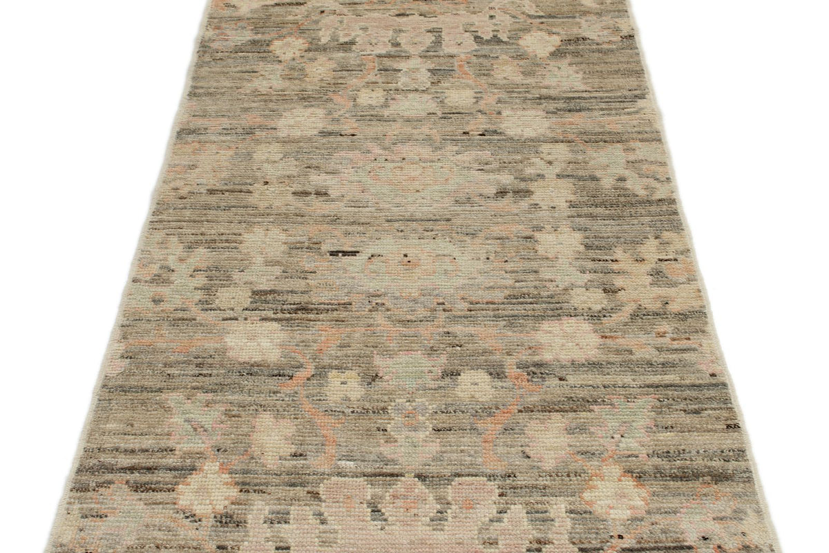 3x10 Brown and Ivory Turkish Oushak Runner