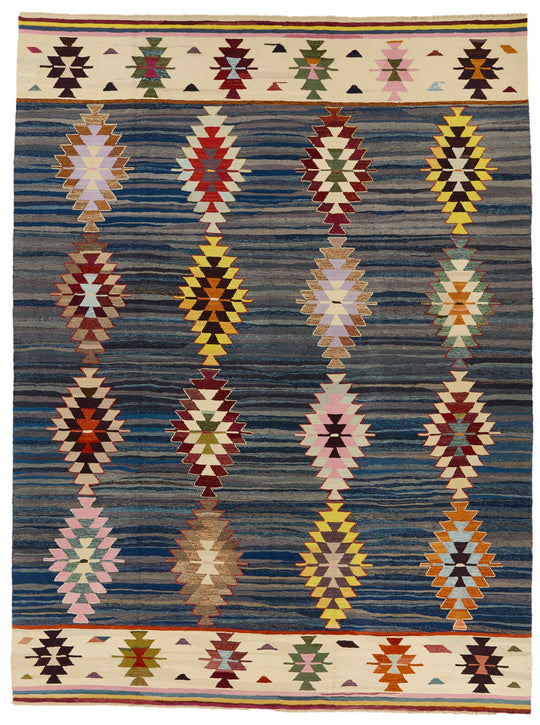 9x12 Blue and Multicolor Turkish Tribal Rug