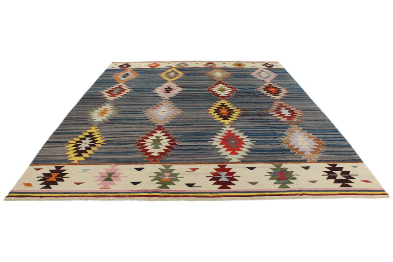 9x12 Blue and Multicolor Turkish Tribal Rug