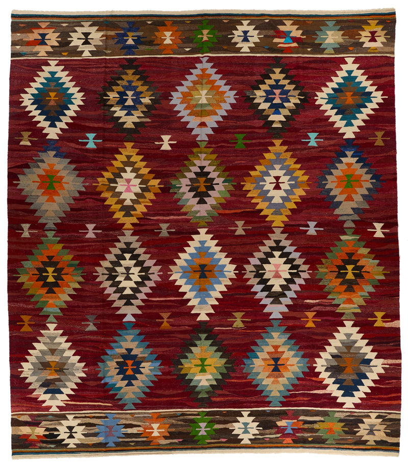 13x15 Burgundy and Multicolor Turkish Tribal Rug