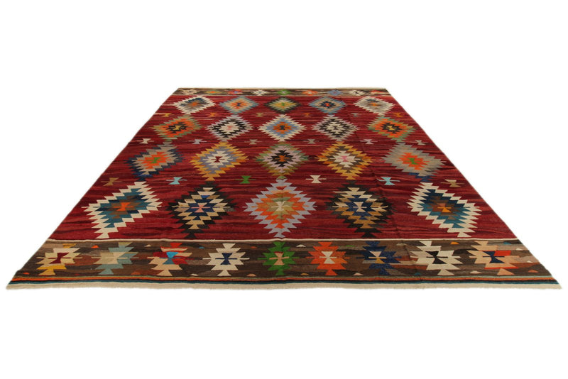 13x15 Burgundy and Multicolor Turkish Tribal Rug