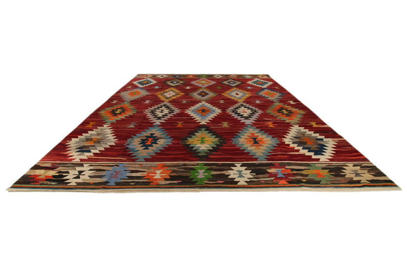 13x15 Burgundy and Multicolor Turkish Tribal Rug