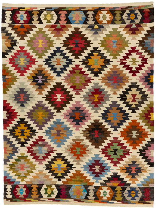 10x14 Ivory and Multicolor Turkish Tribal Rug