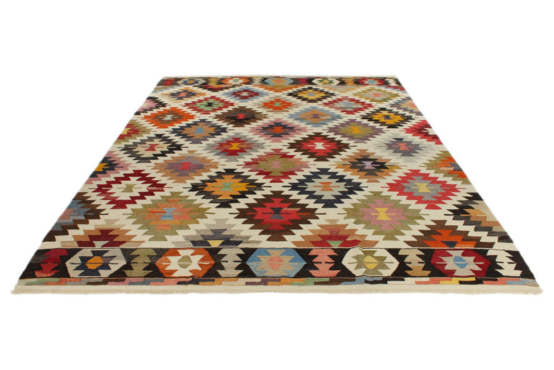 10x14 Ivory and Multicolor Turkish Tribal Rug