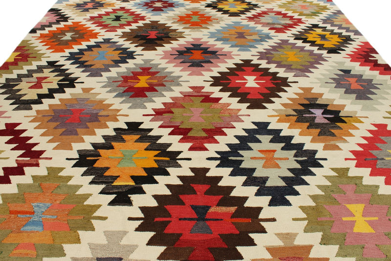 10x14 Ivory and Multicolor Turkish Tribal Rug