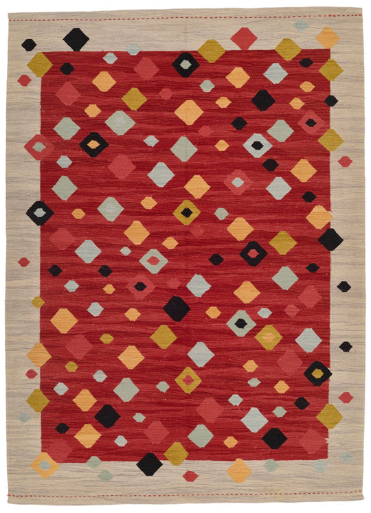 6x8 Red and Gray Turkish Tribal Rug