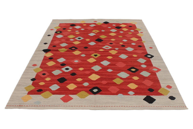 6x8 Red and Gray Turkish Tribal Rug