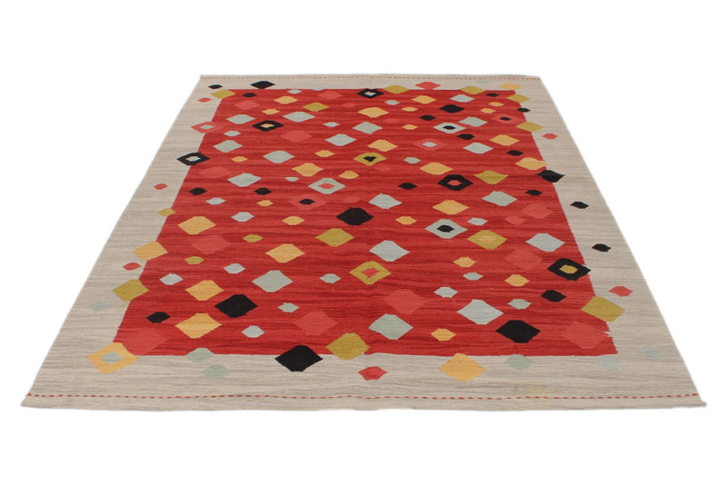 6x8 Red and Gray Turkish Tribal Rug