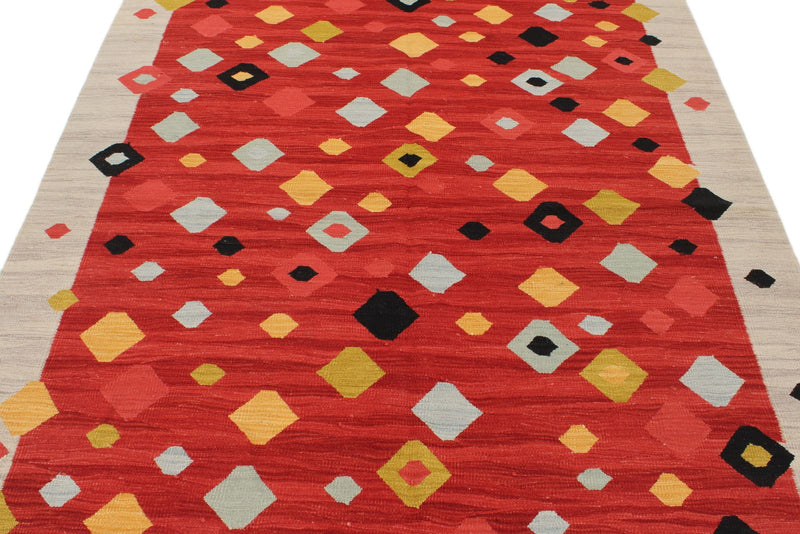 6x8 Red and Gray Turkish Tribal Rug