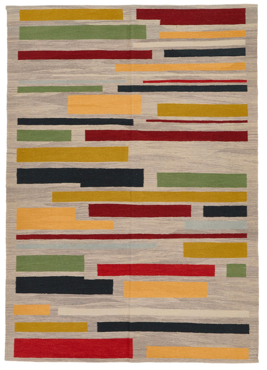 6x8 Gray and Red Turkish Tribal Rug