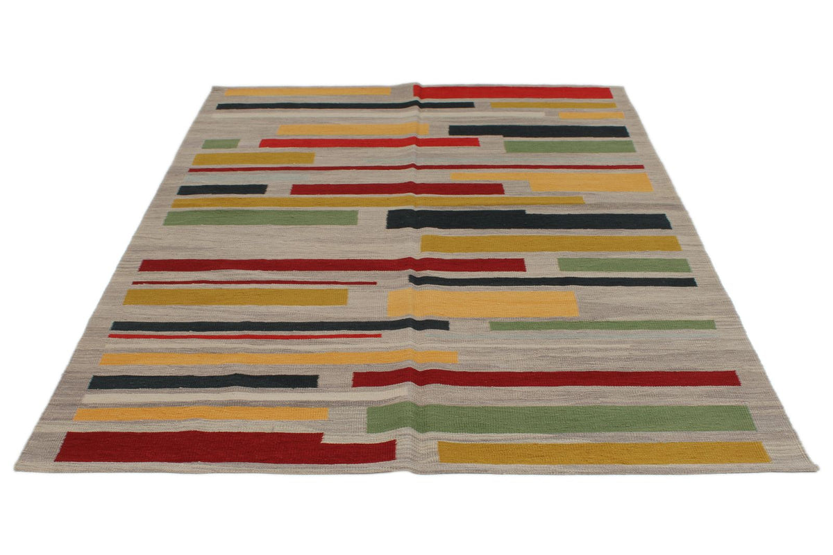 6x8 Gray and Red Turkish Tribal Rug