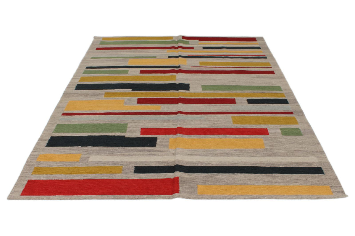 6x8 Gray and Red Turkish Tribal Rug